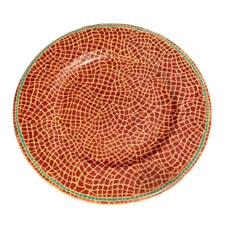 Pier 1 Mosaic Fruit large plate. Red with gold, green trim. 12.25” diameter.